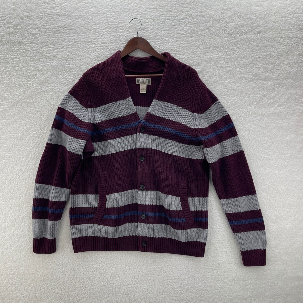 Duluth Trading Co Cardigan Sweater Men XL Red Gray Ribbed Striped Cotton Outdoor